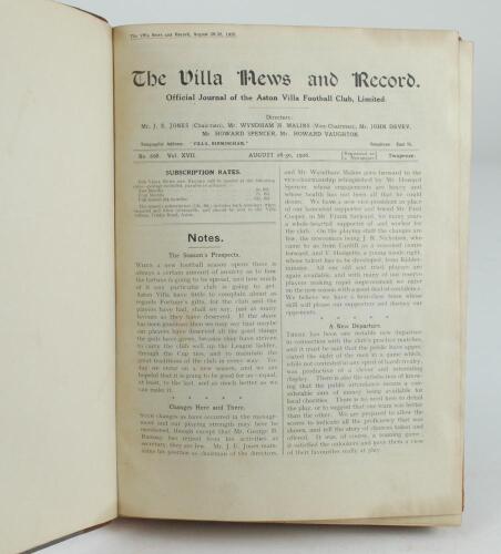 Aston Villa F.C. ‘The Villa News and Record’ Season 1926-1927. No 668. Volume XVII. A bound volume of Aston Villa home match programmes for the 1926-27 season in red/brown/mauve (claret/blue) half leather with titles in gilt to spine, all programmes lacki