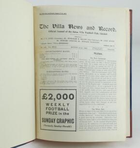 Aston Villa F.C. ‘The Villa News and Record’ Season 1927-1928. No 708. Volume XVIII. A fairly recently bound volume of Aston Villa home match programmes for the 1927-28 season in red/mauve (claret/blue) half leather with titles in gilt to spine, all progr