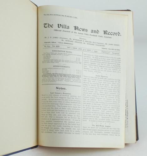 Aston Villa F.C. ‘The Villa News and Record’ Season 1930-1931. No 835. Volume XXI. A bound volume of Aston Villa home match programmes for the 1930-31 season in dark brown/mauve (claret/blue) half leather with titles in gilt to spine, all programmes lacki