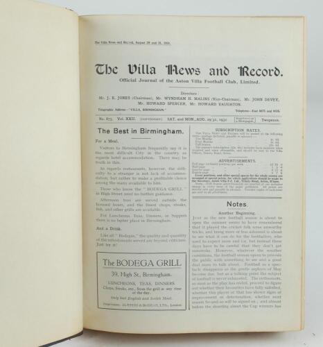 Aston Villa F.C. ‘The Villa News and Record’ Season 1931-1932. No 875. Volume XXII. A bound volume of Aston Villa home match programmes for the 1931-32 season in dark brown/mauve (claret/blue) half leather with titles in gilt to spine, all programmes lack