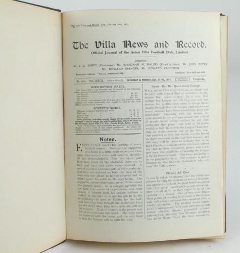 Aston Villa F.C. ‘The Villa News and Record’ Season 1932-1933. No 920. Volume XXIII. A bound volume of Aston Villa home match programmes for the 1932-33 season in dark brown/mauve (claret/blue) half leather with titles in gilt to spine, all programmes lac