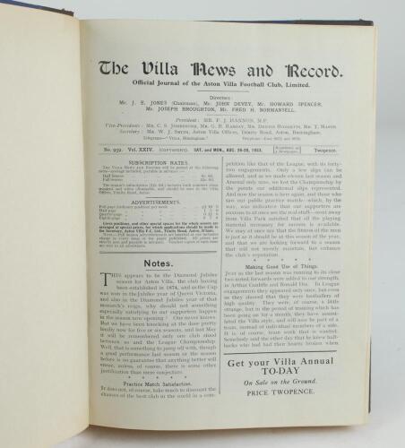 Aston Villa F.C. ‘The Villa News and Record’ Season 1933-1934. No 959. Volume XXIV. A bound volume of Aston Villa home match programmes for the 1933-34 season in dark brown/blue (claret/blue) half leather with titles in gilt to spine, all programmes lacki