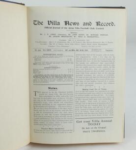 Aston Villa F.C. ‘The Villa News and Record’ Season 1933-1934. No 959. Volume XXIV. A bound volume of Aston Villa home match programmes for the 1933-34 season in dark brown/blue (claret/blue) half leather with titles in gilt to spine, all programmes lacki