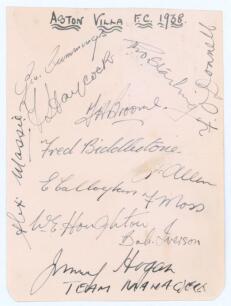 ‘Aston Villa F.C. 1938’. Album page nicely signed in ink by twelve players and the manager, Jimmy Hogan. Players’ signatures include George Cummings, Freddie Haycock, Frank Broome, Fred Biddlestone, Jimmy Allen, Ernie Callaghan, Frank Moss, Eric Houghton,