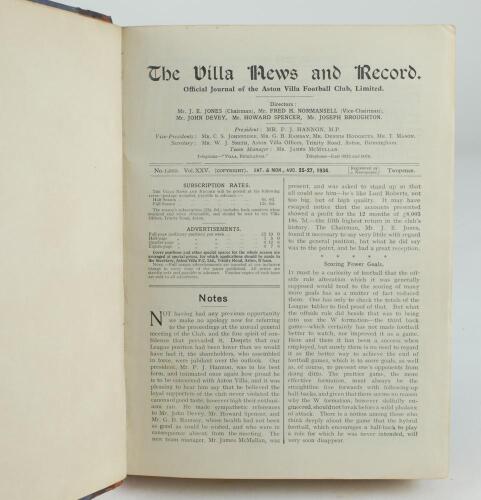 Aston Villa F.C. ‘The Villa News and Record’ Season 1934-1935. No 1000. Volume XXV. A bound volume of Aston Villa home match programmes for the 1934-35 season in dark brown/blue (claret/blue) half leather with titles in gilt to spine, all programmes lacki