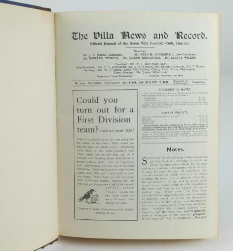 Aston Villa F.C. ‘The Villa News and Record’ Season 1935-1936. No 1040. Volume XXVI. A bound volume of Aston Villa home match programmes for the 1935-36 season in dark brown/blue (claret/blue) half leather with titles in gilt to spine, all programmes lack