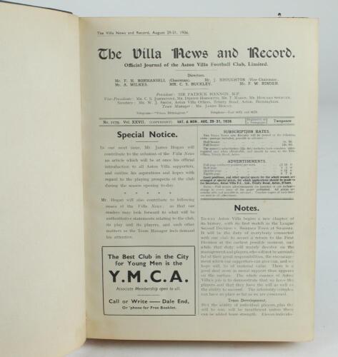 Aston Villa F.C. ‘The Villa News and Record’ Season 1936-1937. No 1079. Volume XXVII. A bound volume of Aston Villa home match programmes for the 1936-37 season in dark brown/blue (claret/blue) half leather with titles in gilt to spine, all programmes lac