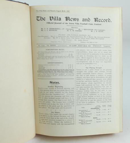 Aston Villa F.C. ‘The Villa News and Record’ Season 1937-1938. No 1117. Volume XXVIII. A bound volume of Aston Villa home match programmes for the 1937-38 season in dark brown/blue (claret/blue) half leather with titles in gilt to spine, all programmes la