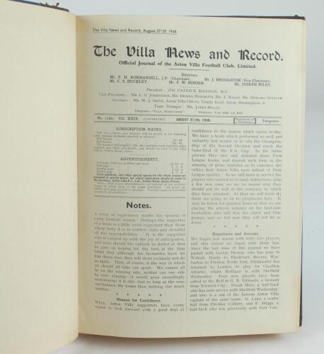 Aston Villa F.C. ‘The Villa News and Record’ Season 1938-1939. No 1160. Volume XXIX. A bound volume of Aston Villa home match programmes for the 1938-39 season in dark brown/blue (claret/blue) half leather with titles in gilt to spine, all programmes lack