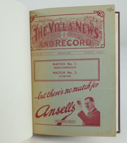 Aston Villa F.C. ‘The Villa News and Record’ Season 1939-1940. No 1201. Volume XXX. A bound volume of one Aston Villa home match programme for the 1939-40 season in maroon boards with titles in gilt to spine. The programme, with original covers is a joint