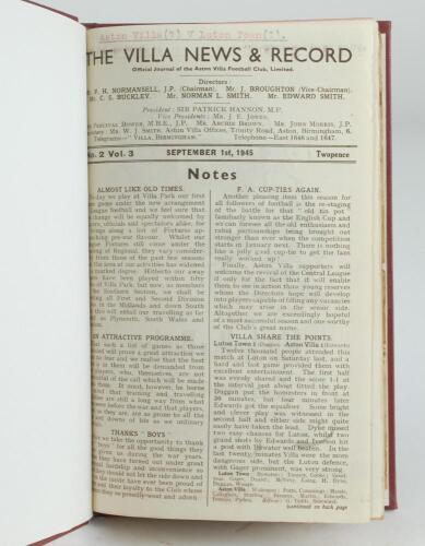 Aston Villa F.C. ‘The Villa News and Record’ Season 1945-1946. No’s 2-4, 7-9, 11-12, 14-17, 19-20, 22-24, 27, 29-30, 32, 34-37. Volume 3 (Wartime Edition). A bound volume of twenty five Aston Villa home match programmes, league, Cup and reserve matches, f