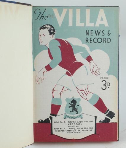 Aston Villa F.C. ‘The Villa News and Record’ Season 1948-49 season. A bound volume of Aston Villa match programmes for the season 1948-49, The Villa News and Record commencing vol. 6 no.1 Aston Villa v Liverpool 21st August 1948 to vol. 6 no.40, these pro