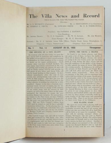 Aston Villa F.C. ‘The Villa News and Record’ Season 1955-56 to 1959-60 seasons. A collection of five bound volumes of Aston Villa home match programmes comprising seasons 1955-56 vol.13 no.1 to 39, 1956-57 vol.14 no.1 to no.40, 1957-58 vol.15 no.1 to 35, 
