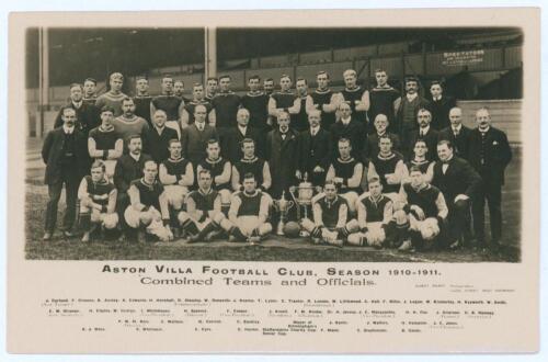 ‘Aston Villa Football Club. Season 1910-1911. Combined teams and officials’. Mono real photograph postcard of the team, with two trophies to front, title and names printed below. Albert Wilkes of West Bromwich. Postally unused. Very good condition.