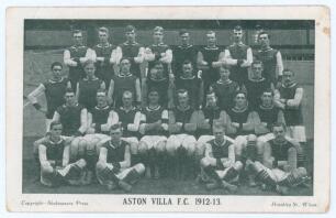 ‘Aston Villa F.C. 1912-13’. Original mono postcard of the Aston Villa playing staff seated and standing in rows wearing football attire. Published by Shakespeare Press, Birmingham. Some wear to edges, otherwise in good condition.