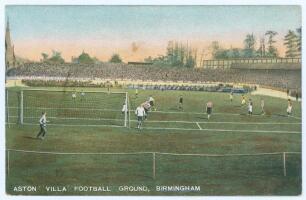 Aston Villa F.C. Early original colour postcard titled ‘Aston Villa Football Ground, Birmingham’ with a match in progress. Date unknown, probably c.1907. B.B. London series no. 62. Very good condition.