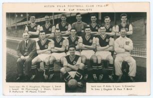 ‘Aston Villa Football Club 1956-57 F.A. Cup Finalists’. Original mono real photograph postcard of the Aston Villa team seated and standing in rows, printed title and players’ names to margins. Faded stamp to verso appears to be for A. Wilkes, West Bromwic