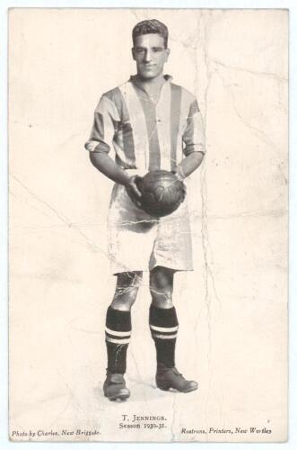 Thomas Jennings. Leeds United F.C. 1925-1931. Mono plainback player card/postcard of Jennings, full length, in Leeds shirt with name and season 1930-31 to lower border. Photo by Charles of Briggate, printed by Rostrons of New Wortley. Heavy creasing and w