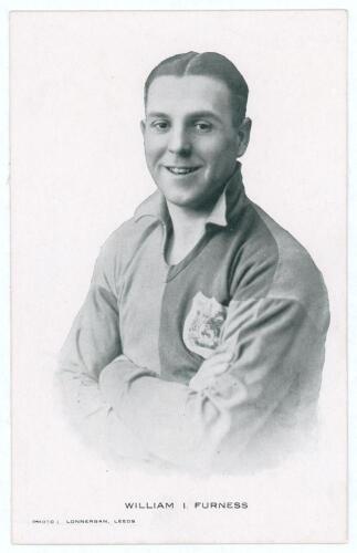 William Isaac Furness. Leeds United F.C. 1928-1937. Mono plainback player card/postcard of Furness, head and shoulders, in Leeds shirt. Name printed to lower border. Photo by Lonnergan, Leeds. Good/very good condition