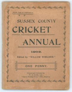 ‘Sussex Cricket Annual for 1909’. Ninth issue of the Annual in original light brown paper wrappers, edited by A.D. Taylor, ‘Willow Wielder’. Printed by W.E. Nash of Brighton. Crease to rear wrapper, some restoration to the spine area, browning to pages ot