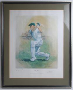 Sir Donald Bradman’ by Alan Fearnley. Excellent colour limited edition print of Bradman batting in England and wearing Australian cap. Published by ‘The Quorn Fine Art Co, Loughborough England 1980’. Nicely signed in pencil by Don Bradman and Alan Fearnle