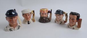 Cricket ceramics. Box of varied and interesting ceramics including five Royal Doulton toby jugs of W.G. Grace, Len Hutton, Denis Compton, Dickie Bird and ‘The Hampshire Cricketer’. Each limited edition and standing approx 4” to 4.25” tall. Limited edition