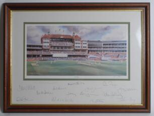 Surrey. ‘The Foster’s Oval’. Terry Harrison. c.1997. Original colour print of a match in progress with the iconic gas holder in the background and large crowds in the stands. Signed by the artist, and to the lower mount border by fourteen members of the S