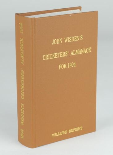 Wisden Cricketers’ Almanack 1904. Willows softback reprint (1998) in light brown hardback covers with gilt lettering. Limited edition 221/500. Soiling to top of page block otherwise in good/very good condition