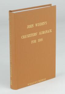 Wisden Cricketers’ Almanack 1918. Willows softback reprint (1997) in light brown hardback covers with gilt lettering. Limited edition 67/500. Bump to corner of the first pages in the book causing creasing to the corner of the cover otherwise in good/very 