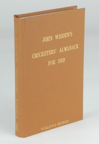 Wisden Cricketers’ Almanack 1919. Willows softback reprint (1997) in light brown hardback covers with gilt lettering. Limited edition 279/500. Good/very good condition