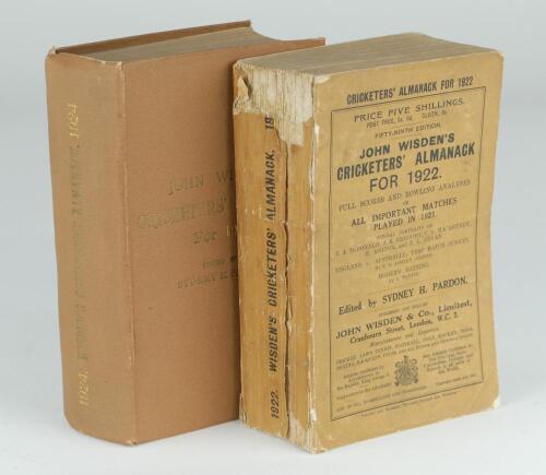 Wisden Cricketers’ Almanack 1922. 59th edition. Original paper wrappers. Wear and some loss to spine paper, some breaking to spine block and front internal hinge, minor wear and darkening to wrappers otherwise in good condition. Sold with a rebound 1924 e