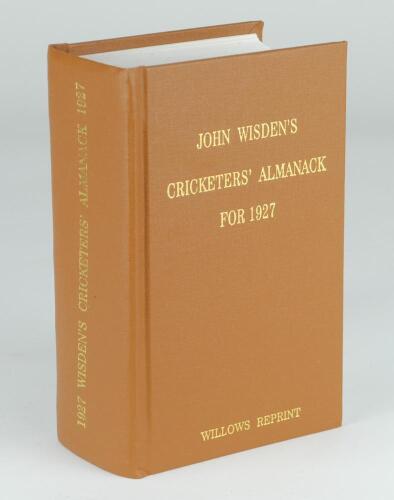 Wisden Cricketers’ Almanack 1927. Willows softback reprint (2007) in light brown hardback covers with gilt lettering. Limited edition 20/500. Good/very good condition