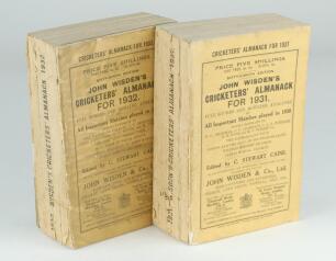 Wisden Cricketers’ Almanack 1931 and 1932. 68th & 69th editions. Original paper wrappers. Both editions with some breaking to page block, page sections becoming loose, some wear and loss to spine papers of both editions edition, soiling and darkening to t