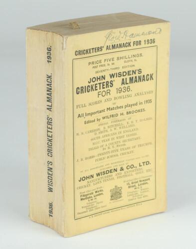 Wisden Cricketers’ Almanack 1936. 73rd edition. Original paper wrappers. Minor bowing to spine, name of ownership handwritten to the top border of the front wrapper, odd minor faults otherwise in generally good/very good condition