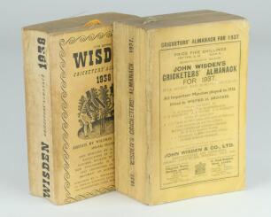 Wisden Cricketers’ Almanack 1937 and 1938. 74th & 75th editions. Original paper wrapper and cloth covered editions. Some breaking to the 1937 page block, some soiling to wrappers and spine paper, the 1938 edition with some bowing to spine, soiling and wea