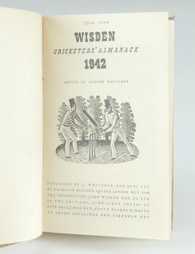 Wisden Cricketers’ Almanack 1942. 79th edition. Only 4100 paper copies were printed in this war year. Bound in light brown boards, lacking original paper wrappers, title and date in gilt to spine. Very good condition. Rare war time edition