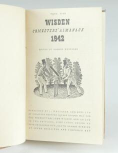 Wisden Cricketers’ Almanack 1942. 79th edition. Only 4100 paper copies were printed in this war year. Bound in light brown boards, lacking original paper wrappers, title and date in gilt to spine. Very good condition. Rare war time edition