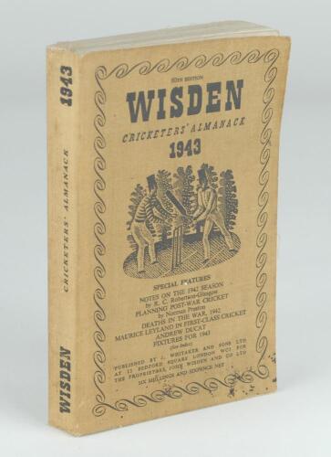 Wisden Cricketers’ Almanack 1943. 80th edition. Original limp cloth covers. Only 5600 paper copies printed in this war year. Minor discolouration to covers, minor ink marks to lower front covers, odd minor faults otherwise in good+ condition. Rare war-tim