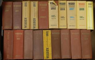 Wisden Cricketers’ Almanack 1948,1949, 1951 to 1953, 1955-1962, 1964 to 1968. Original hardback editions with dustwrappers where required, with the exception of the 1953, 1961, 1962 and 1966 editions which are softback. Some faults including wear to boar