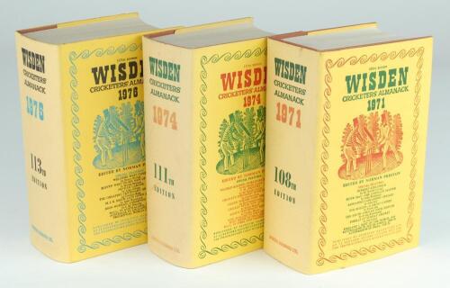 Wisden Cricketers’ Almanack 1971, 1974 and 1976. Original hardback editions with dustwrappers. Minor age toning to the dustwrapper spines of the latter two editions otherwise in good/very good condition