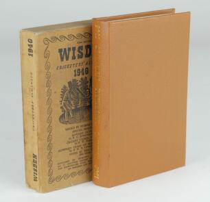 Wisden Cricketers’ Almanack 1945. 82nd edition. Only 5600 copies printed in this war year. Bound in light brown boards, with original cloth covers, with titles in gilt to spine. Nick to the page edge of an advertising page at the front otherwise in good/v