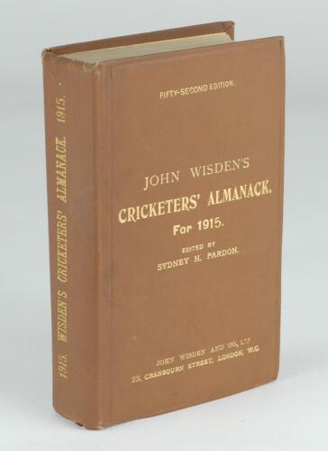 Wisden Cricketers’ Almanack 1915. 52nd edition. Original hardback. Very good to excellent condition throughout with gilt titles to front board and spine bright. A rare pre-war hardback edition