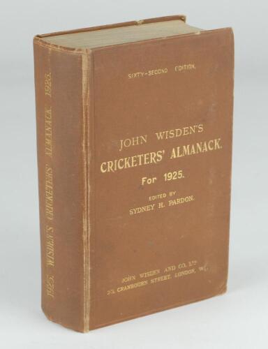 Wisden Cricketers’ Almanack 1925. 62nd edition. Original hardback. Some light wear to board extremities and spine paper, minor bump to bottom corner of front board otherwise in good+ condition