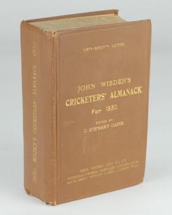 Wisden Cricketers’ Almanack 1930. 67th edition. Original hardback. Minor wear and light creasing to spine paper, minor marks to boards, some soiling to page block edge otherwise in good+ condition