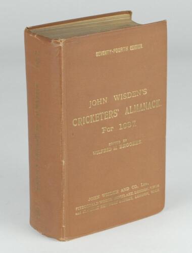 Wisden Cricketers’ Almanack 1937. 74th edition. Original hardback. Minor wear to boards and extremities, slight dulling to gilt titles on the spine paper, otherwise in good/very good condition