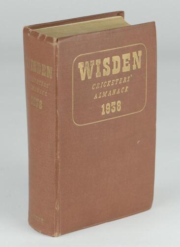 Wisden Cricketers’ Almanack 1938. 75th edition. Original hardback. Some general wear to boards and spine, minor marks to rear board otherwise in good condition