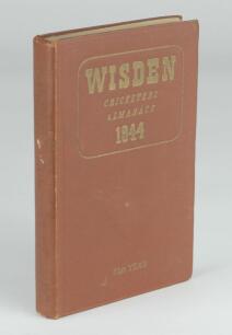 Wisden Cricketers’ Almanack 1944. 81st edition. Original hardback. Only 1500 hardback copies were printed in this war year. Dulled gilt titles on spine paper, minor marks to front board and spine, some wear to internal hinges otherwise in good condition. 