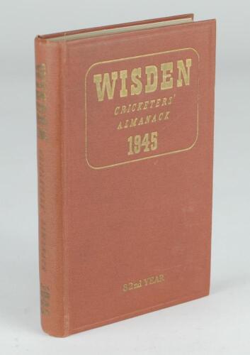 Wisden Cricketers’ Almanack 1945. 82nd edition. Original hardback. Only 1500 hardback copies were printed in this war year. Dulling to gilt titles on spine paper, crease to front board, smaller lesser crease to rear board otherwise in good+ condition. A r