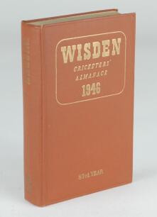 Wisden Cricketers’ Almanack 1946. 83rd edition. Original hardback. Only 5000 hardback copies were printed in this post war year. Some dulling to the gilt titles on the spine paper otherwise in good/very good condition