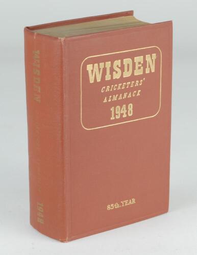 Wisden Cricketers’ Almanack 1948. Original hardback. Some dulling to the gilt titles on the spine paper, some browning to internal pages otherwise in good+ condition with gilt titles to the front board exceptional